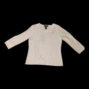 VTG Laura Scott Winter White Floral Embroidered Beaded 3/4 Sleeve Sweater Medium